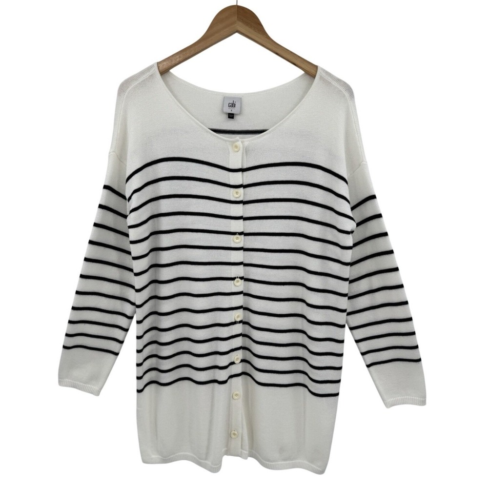 Cabi  Turnabout Cardigan Sweater Small OVERSIZED Black & White Striped Nautical